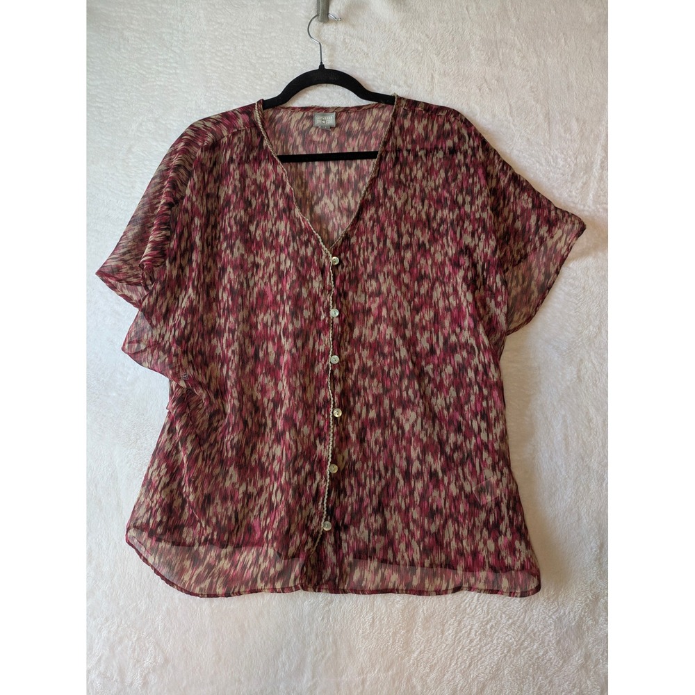 Converse One Star Women Medium Burgundy‎ Abstract Ikat Sheer Chiffon Blouse Top
